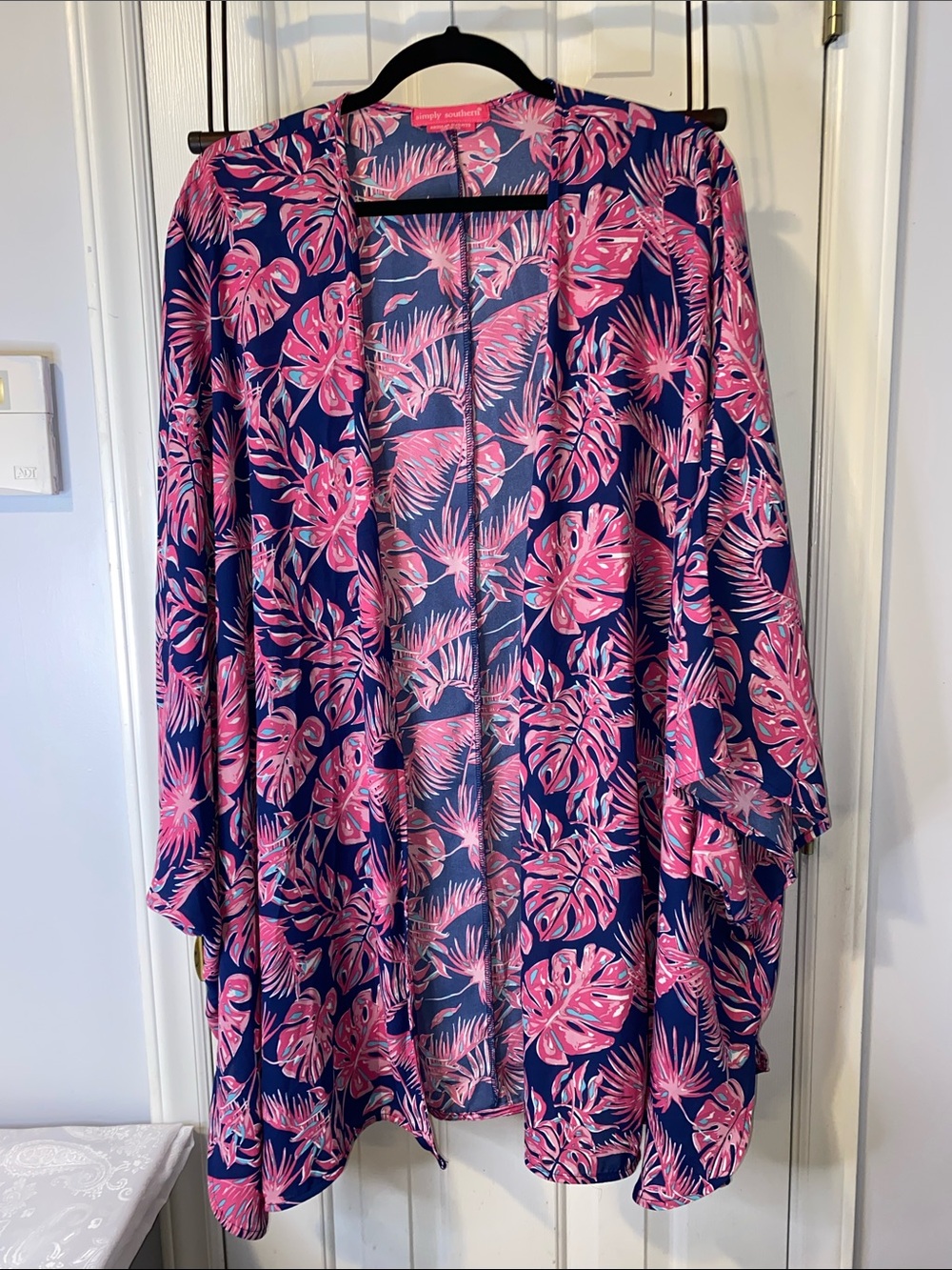 Simply Southern Tropical Palm Kimono Duster Cardigan Pink Navy, XS-M